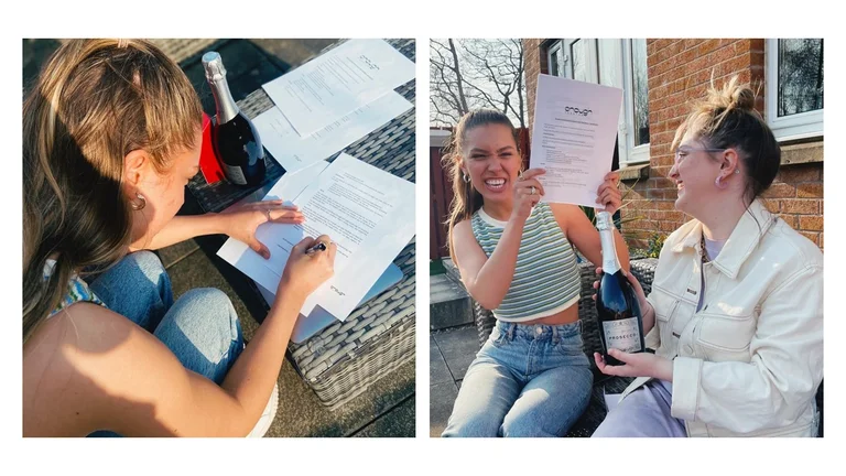 young person signing a record deal, celebrating with another person and a bottle of champagne