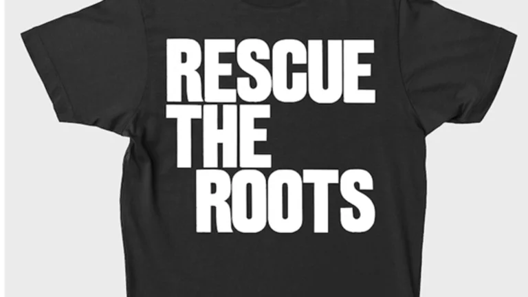 Mock-up of black t-shirt with Rescue The Roots logo in white