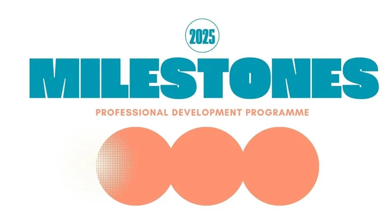 Milestones training programme poster, green font with 3 large orange dots on a white background