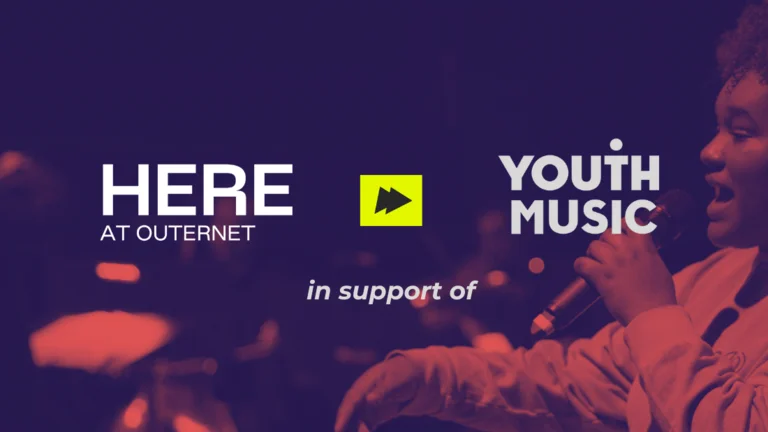 here at outernet and youth music logos overlay a photo of a young person singing