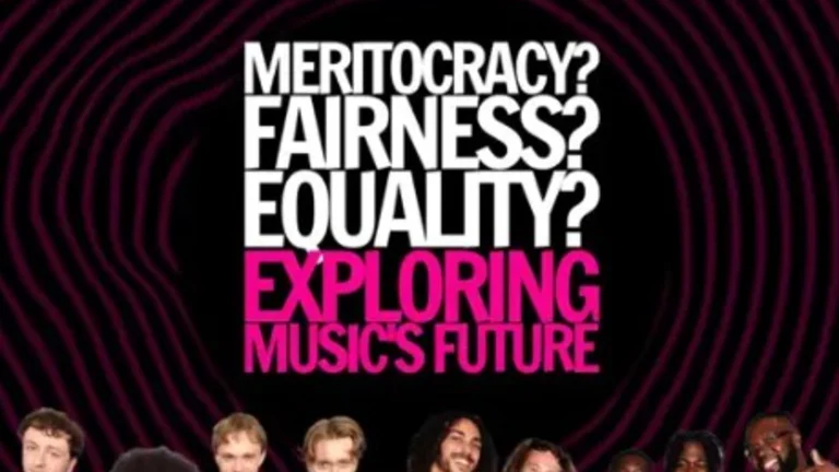 Podcast poster with the words "Meritocracy? Fairness? Equality? Exploring Music's Future"