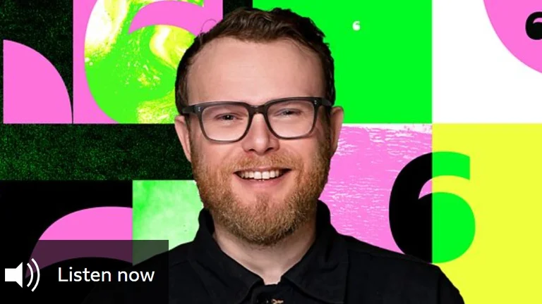Picture of BBC radio presenter Hugh Stephens with a pink, yellow and green background