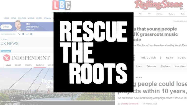 collage of news clips from Youth Music's Rescue The Roots campaign