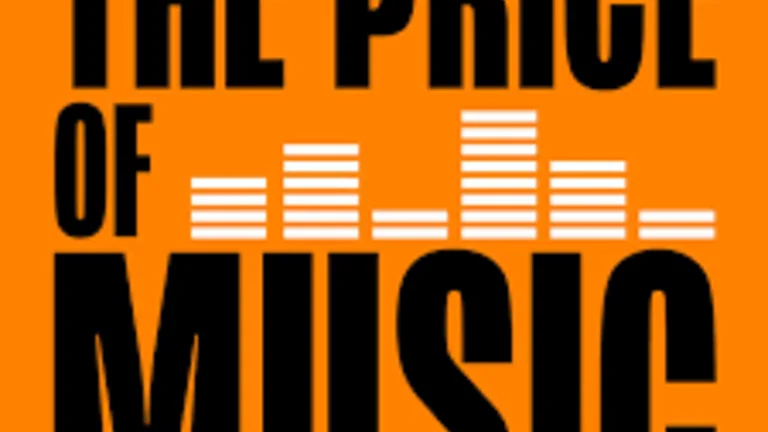 The Price of Music logo with the letters in black and the background in orange. 