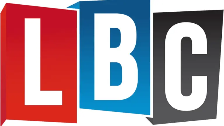 LBC radio logo in red blue and black. 