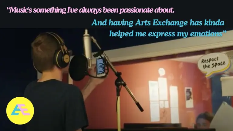 Young person with a mic and a quote that says "Arts Exchange has helped me express my emotions"