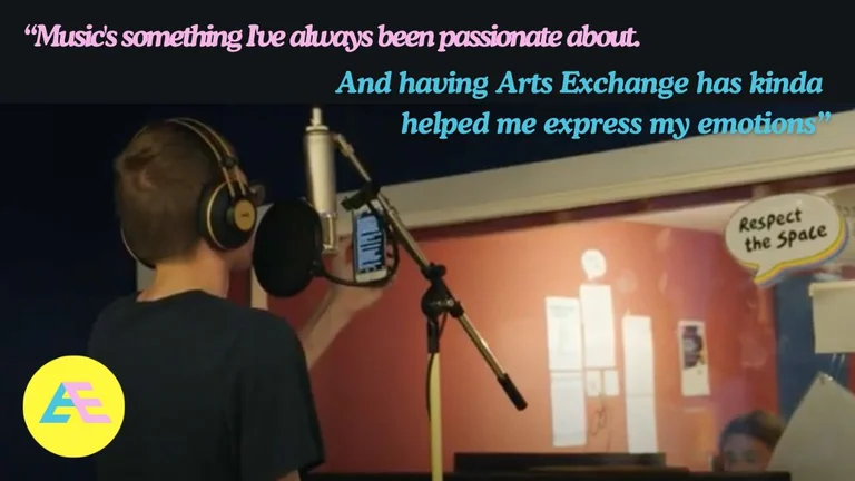 Young person with a mic and a quote that says "Arts Exchange has helped me express my emotions"