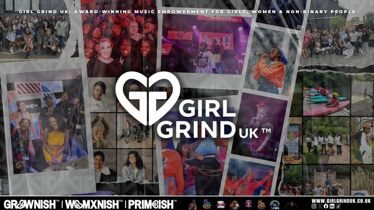A collage of pics of girls and young women with Girl Grind UK logo on top
