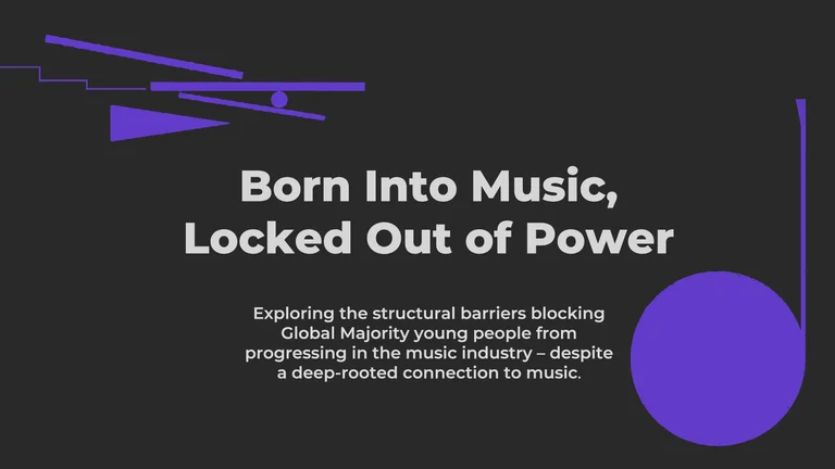 Born into music, locked out of power, black background with purple musical shapes