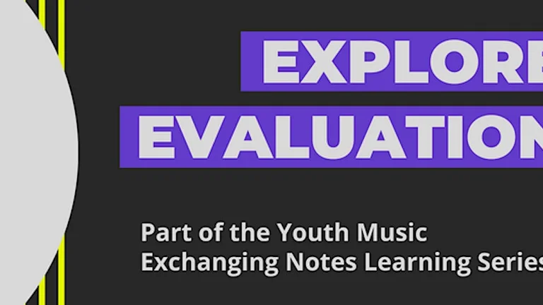 Explore evaluation graphic, title words in white text on purple background, the rest of the asset is black with yellow and grey accent shapes