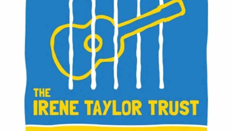 Irene Taylor Trust logo. Guitar icon on a blue background with yellow text