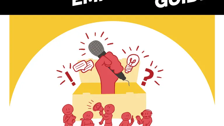 Graphic with the words "Accesible Employment Guide" and the drawing of a red first holding a microphone and other five red figures. 