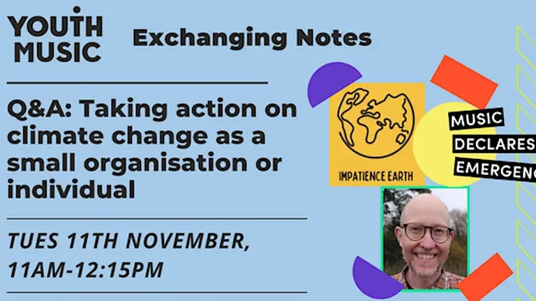 blue background card, with a picture of a smiling man and the text 'Q&A: Taking action on climate change as a small organisation or individual'