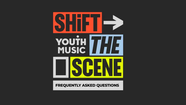Shift the Scene Fund words, with three squares in the background, one blue, one red and one yellow. At the bottom there's a grey rectangle with the words Frequently Asked questions. 