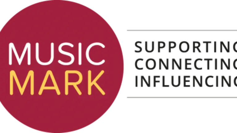 Music Mark logo in a red circle with the words Supporting Connecting Influencing in black