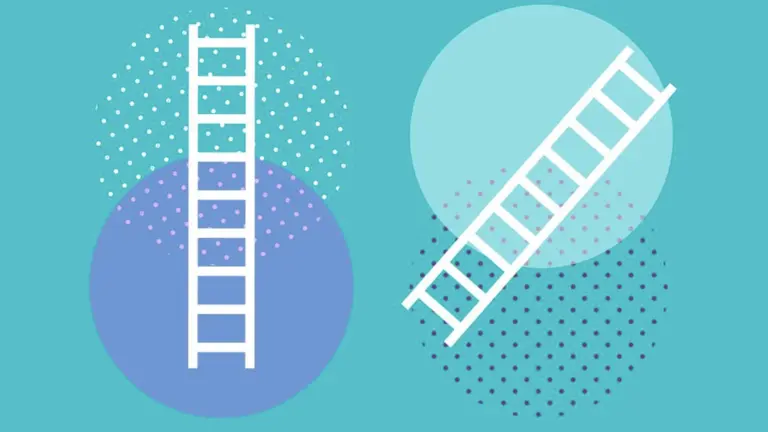 infographic with two white ladders over green and purple icons