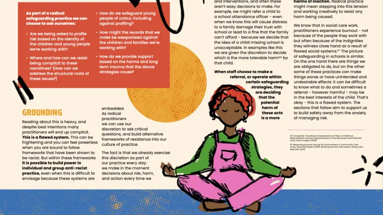 Two pages of the radical safeguarding booklet, where we can see (but not read) text and a person sitting down doing yoga. 