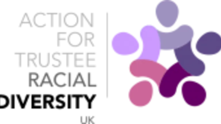 Logo with the words "Action for Trustee Racial Diversity" with a purple, lilac and pink icon symbolising human beings working together.