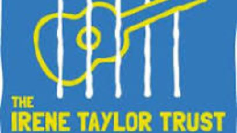 Irene Taylor Trust logo. Guitar icon on a blue background with yellow text