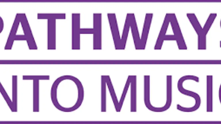 pathways into music logo, white background purple/lilac text