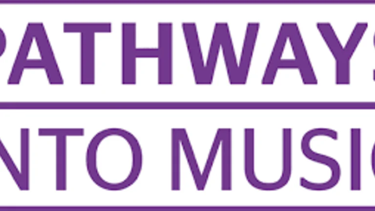 pathways into music logo, white background purple/lilac text
