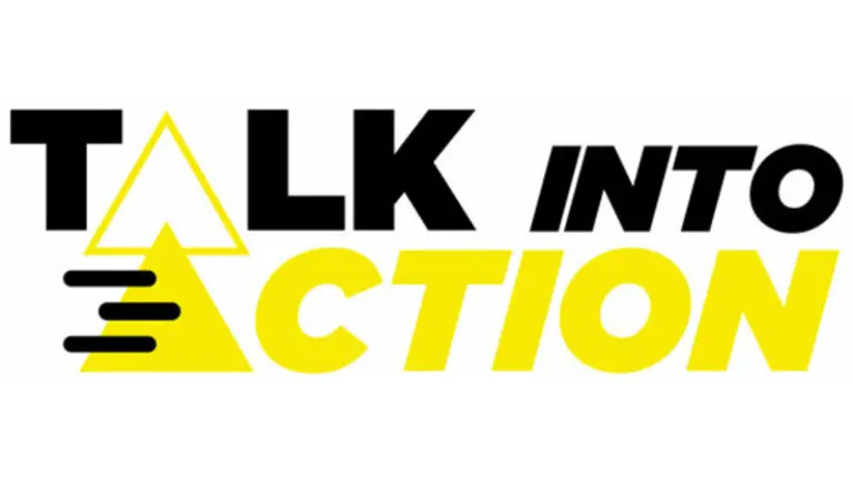 Logo with the words Talk into Action. Talk into is written in black and action in yellow, both As are represented by a triangle