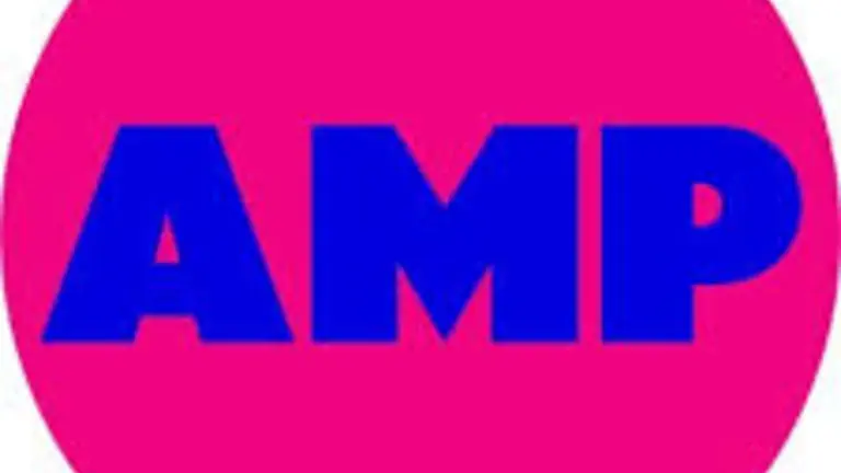AMP logo, pink circular background with AMP written in blue bold letters