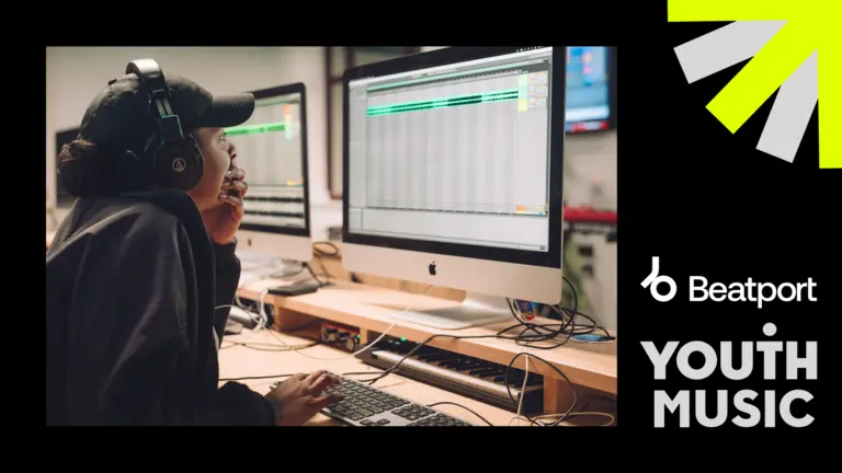 woman with a cap and headphones on making music on a screen, with Youth Music and Beatport next to the image