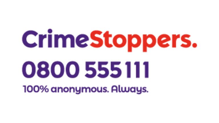 Text with CrimeStoppers in violet and red. Phone number 0800555111