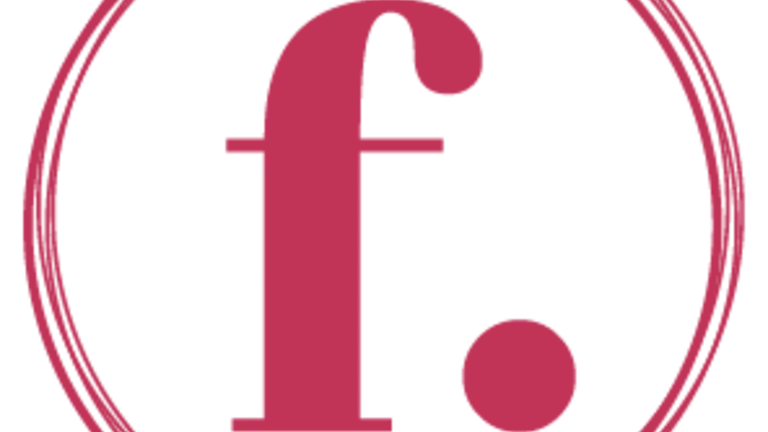 A f in lowercase with a dot inside a handwritten circle in magenta