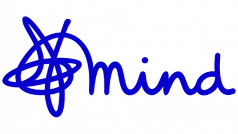 Logo of the charity mind. It's the world mind in a handwriting font with a scribble on the left