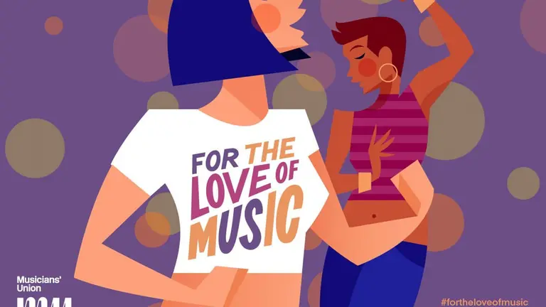 Ilustration with two people dancing with one wearing a t-shirt saying 'for the love of music'