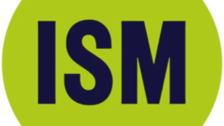 Letters ISM in navy blue over a green circle