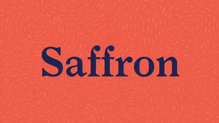 Saffron logo, blue writing 'saffron' on orange background