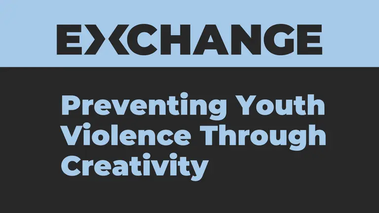 Blue text over black background. Text says "Preventing Youth Violence Through Creativity"