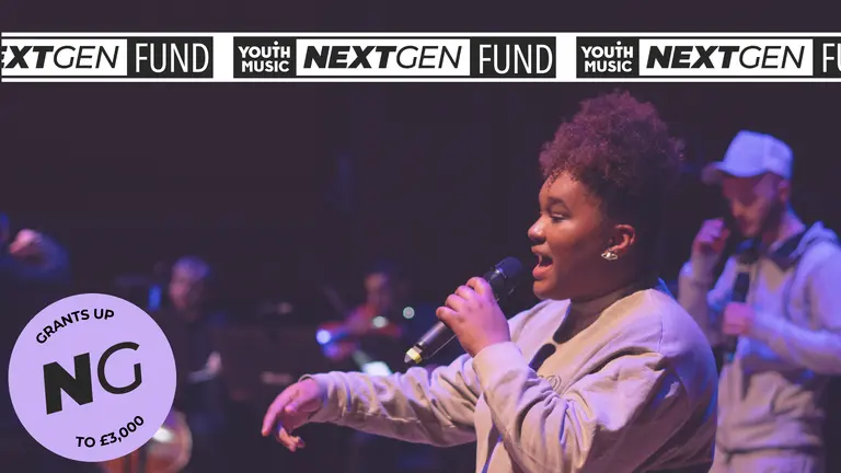 Young person signing in a stage. Top logo says "Youth Music NextGen Fund" and stickers says "Grants of up to £3,000"