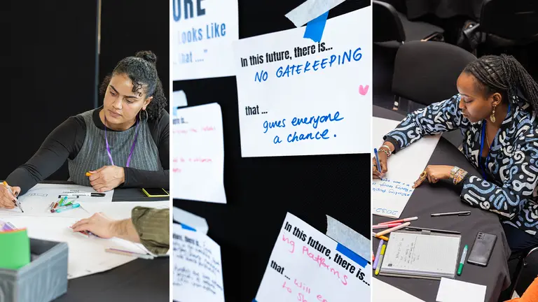 a collage of two women writing on paper and a board with paper pinned