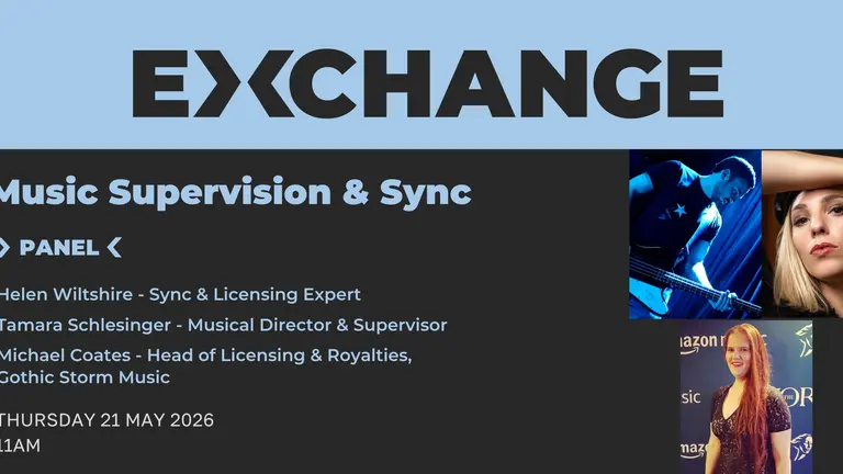 Music sync graphic with pictures of the panelists 