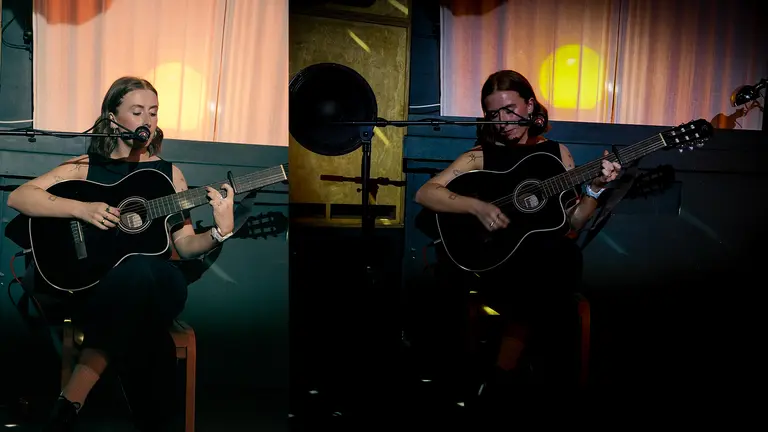 a collage of a woman playing a guitar