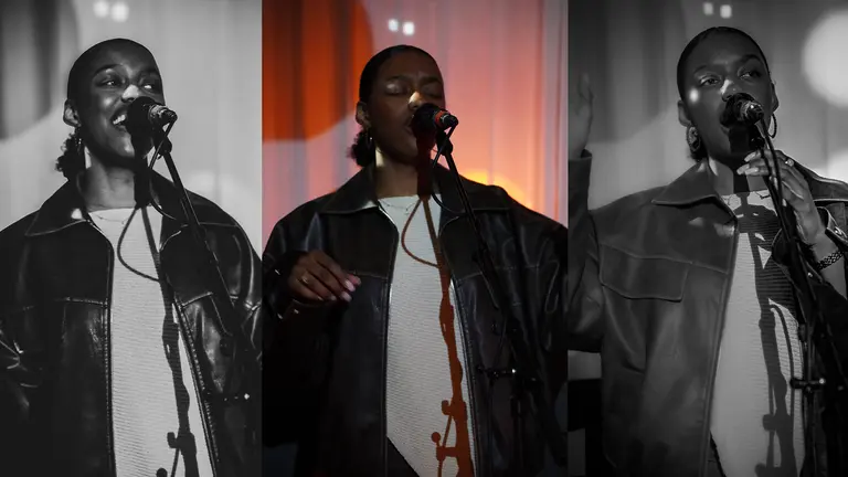 a collage of a woman singing into a microphone