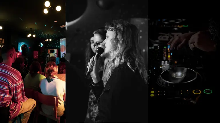 a collage of an audience, a speaker and a dj kit