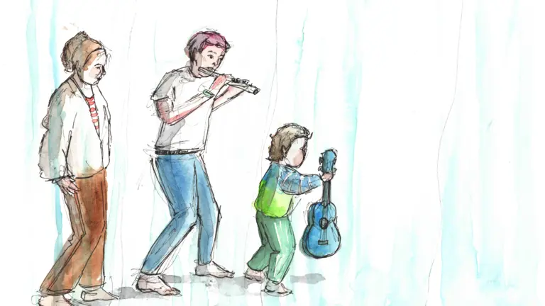 A drawing of three people 'on parade'. At the front a toddler carrying a ukulele leads the way, followed by two adults, one plays a flute. 