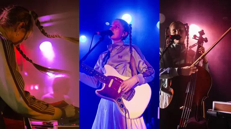 three photos of maddie ashman performing with various musical instruments
