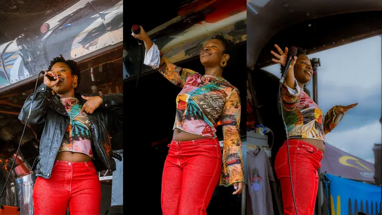 three photos side by side where meduulla holds a mic in her hand and sings on stage