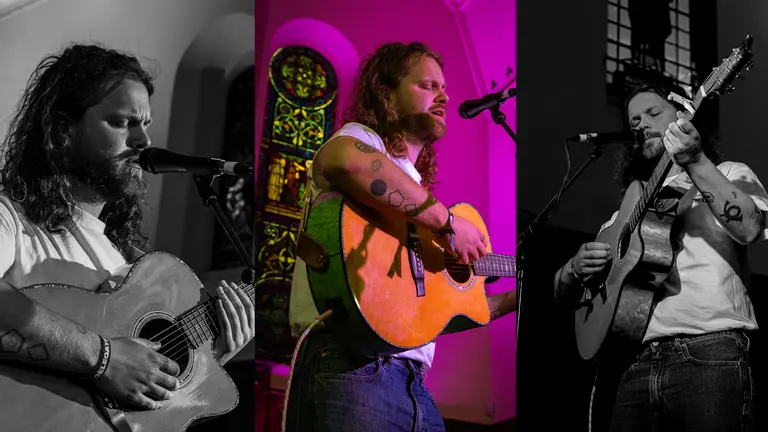 a collage of three photos featuring brodie barclay playing guitar and singing on stage