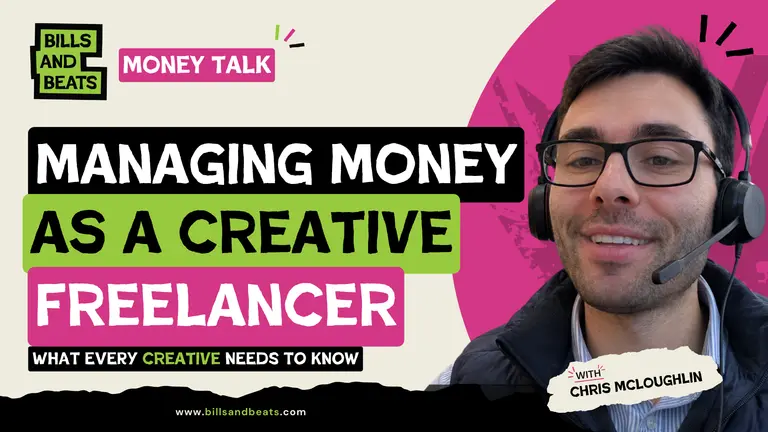 Financial adviser Chris McLoughlin photo with a text that says Managing Money as a creative freelancer