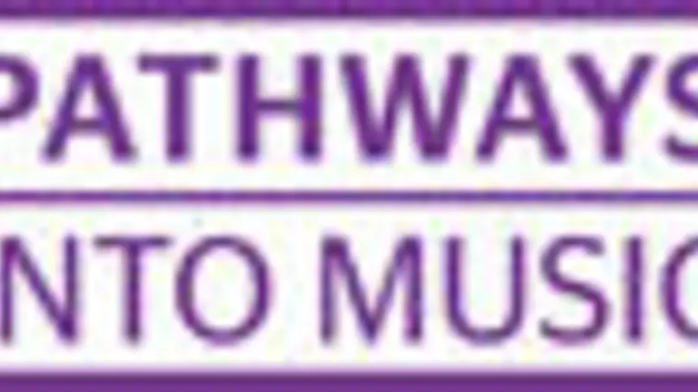 pathways into music logo, white background purple/lilac text