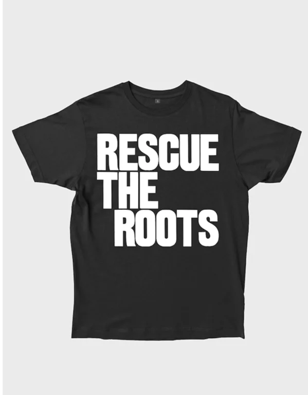 Mock-up of black t-shirt with Rescue The Roots logo in white