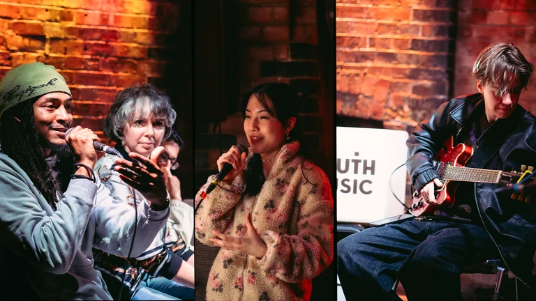 a three part collage: dochi speaks, a woman speaks into a microphone, a person with short hair sits and plays electric guitar