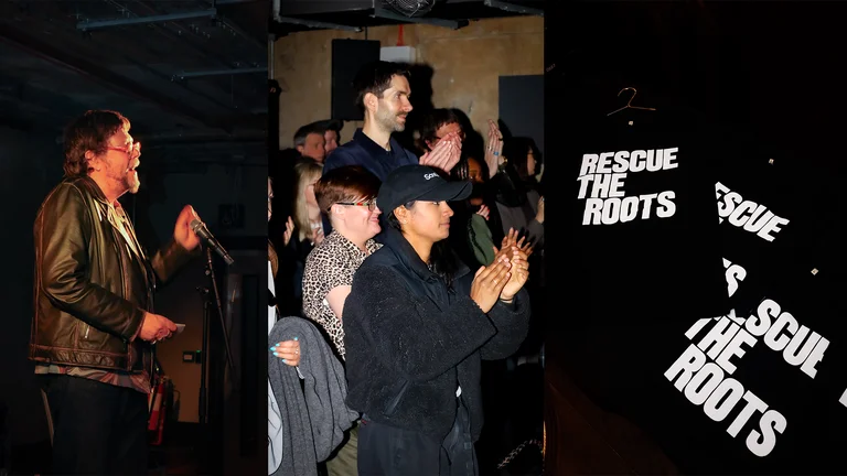a collage: matt speaks, a crowd claps, rescue the roots t shirts